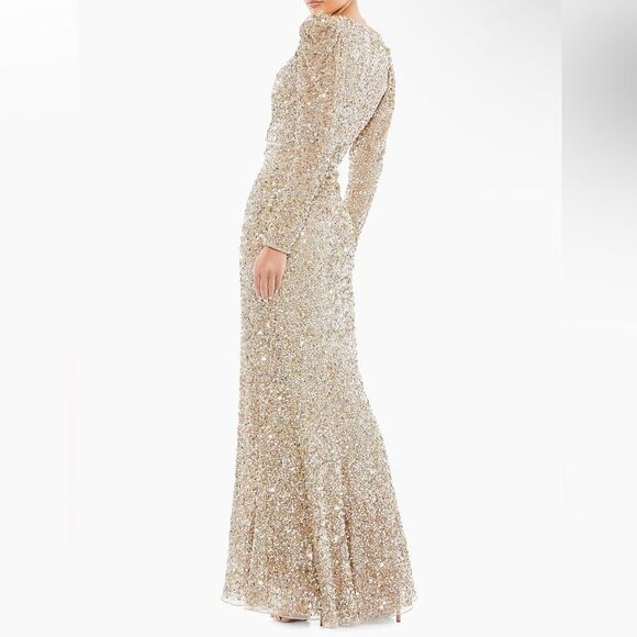 Mac Duggal 5510 Gold Puff Shoulder SequinSurplice Gown Long Sleeve Dress as is 6 - Picture 3 of 12